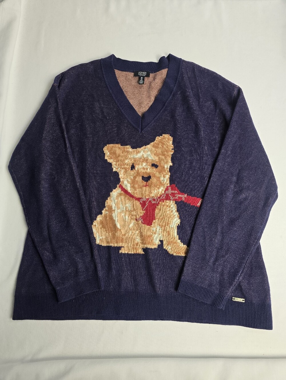 Jones New York Signature Dog Red Scarf Vneck Pullover Sweater Holiday